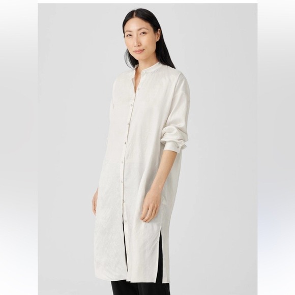 Eileen Fisher Washed Silk Tussah Mandarin Collar Shirtdress size XL